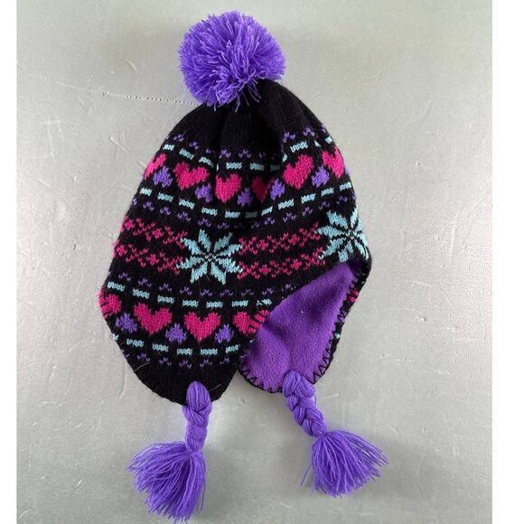 Girls Youth Trapper Hat Black Pink Hearts Snowflake Purple Braided Strap Pom Pom - Picture 4 of 6
